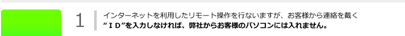 インターネットを利用したリモート操作を行ないますが、お客様から連絡を戴く“ＩＤ”を入力しなければ、弊社からお客様のパソコンには入れません。